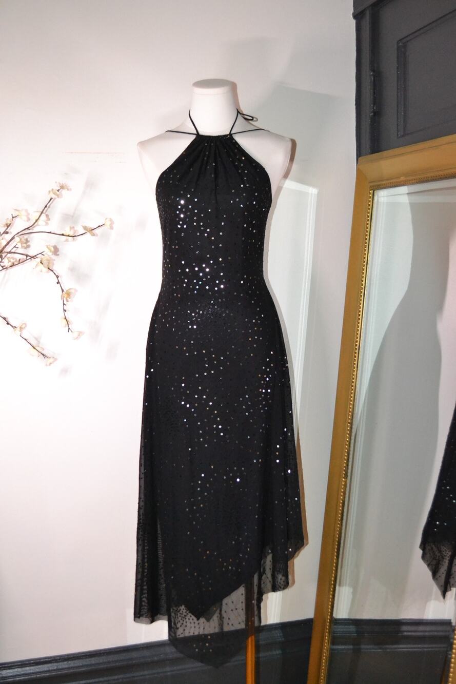 Y2K BCBG Black Sequin Halter Backless Asymmetrical Midi/Maxi Dress Size Medium